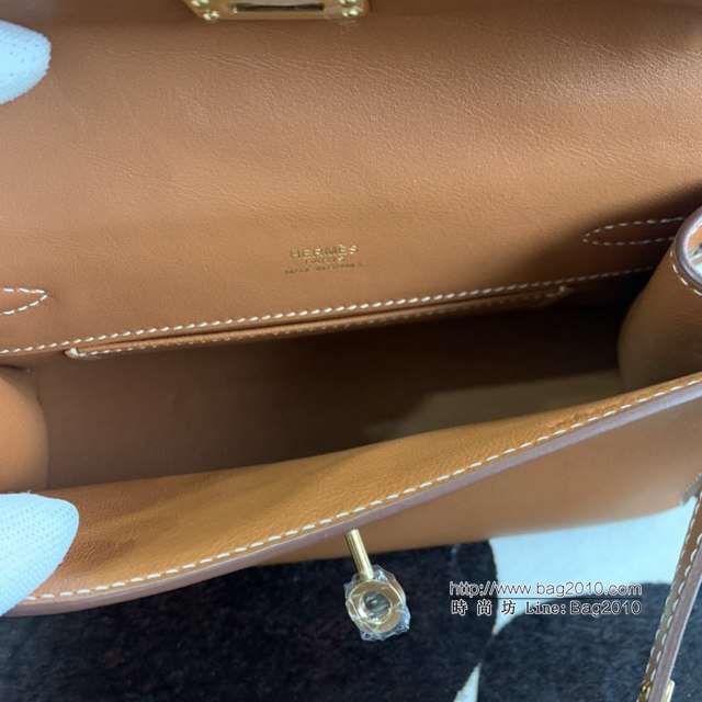 Hermes凱利女包 愛馬仕Minikelly pochette一代 原廠進口swift皮 半手工蠟線 金棕 金銀扣  tdh2261